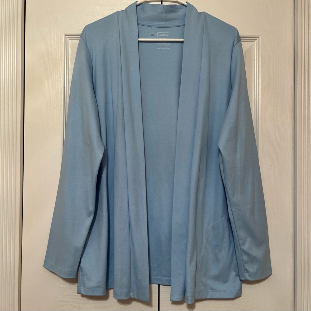 LL Bean XL Cozy Open Front Lounge Cardigan Blue Minimalist Sweater with Pockets